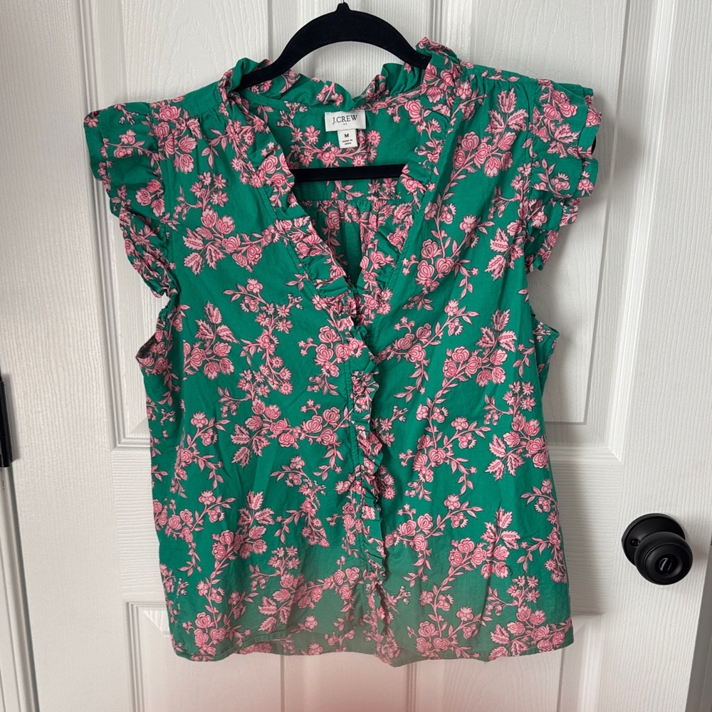 J. Crew Pink Floral Green Blouse